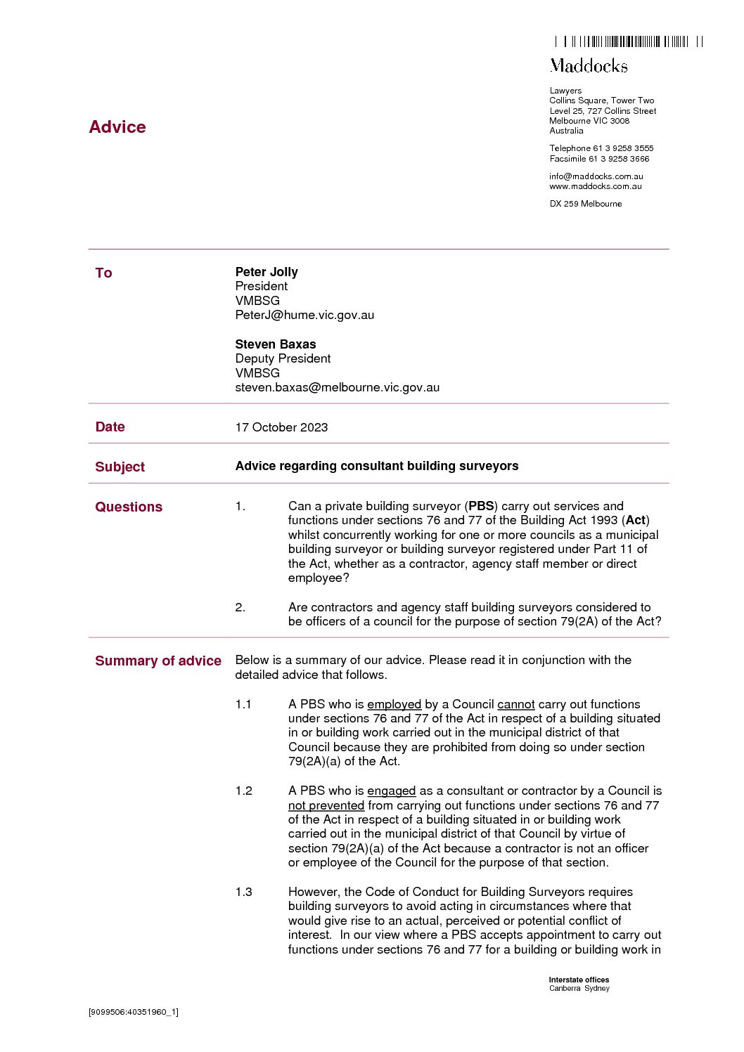 20231117 Advice regarding consultant building surveyors (40351960.3)