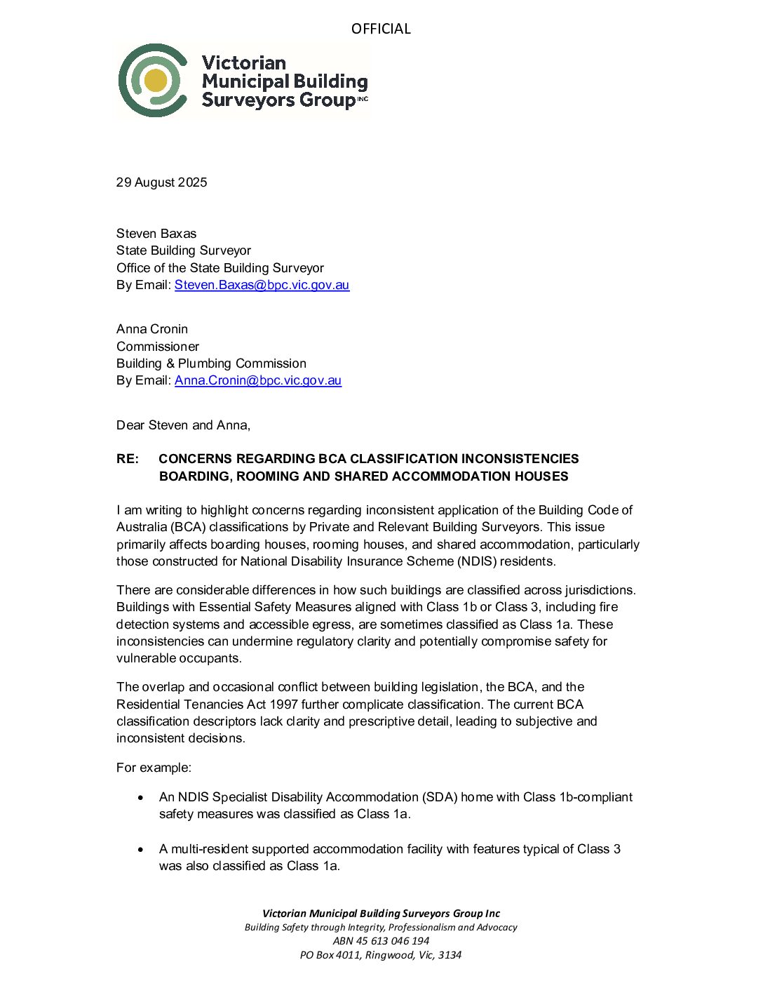 20250829 Letter to SBS and BPC – BCA Class 1b Classification Issues (final)