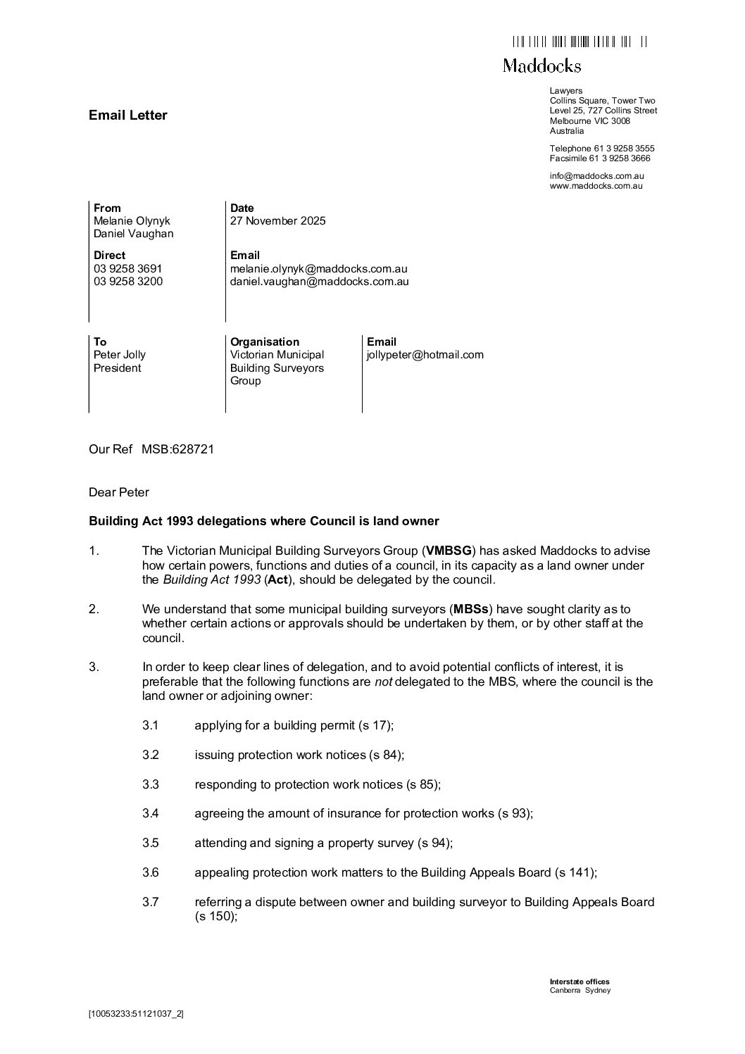 20251127 Maddocks Email Letter of Advice on Land Owner Council Delegations (VMBSG)