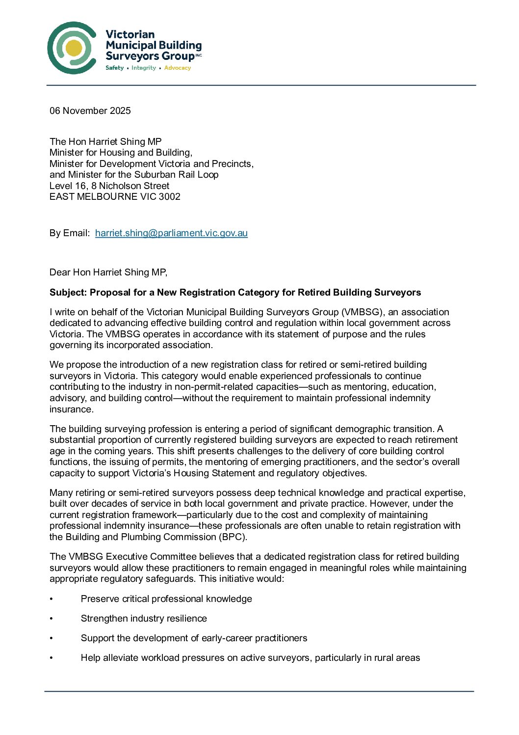 20251106 VMBSG Letter to Minister – New Registration Category for Building Surveyors