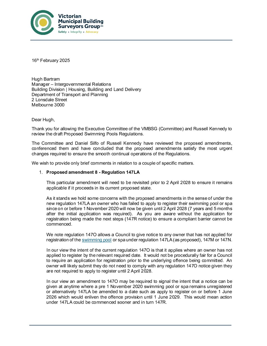 20260216 Letter to DTP – Review Proposed Swimming Pools Regulations