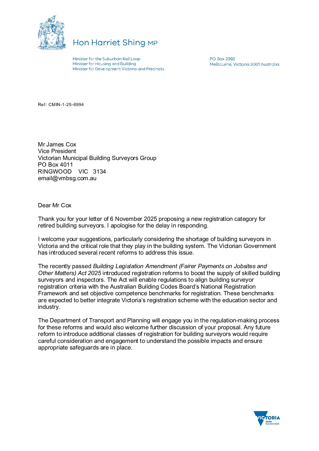 20260313 Reply from Minister re. New Registration Category for Retired Building Surveyors