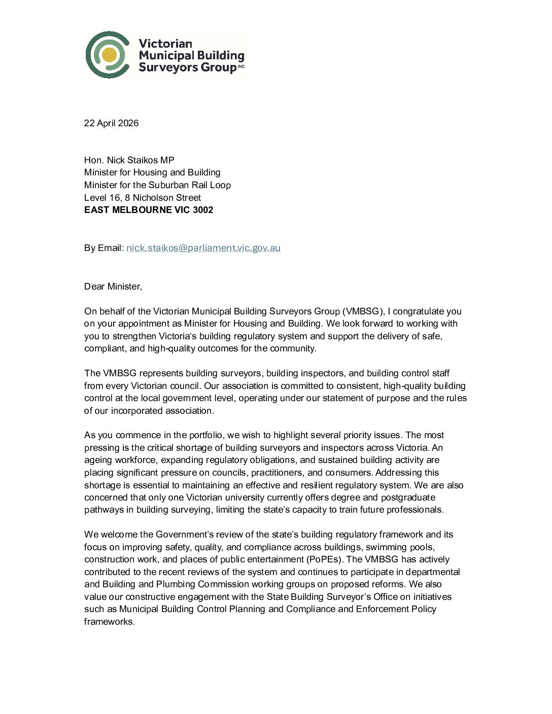20260422 Letter to Minister for Building Nick Staikos