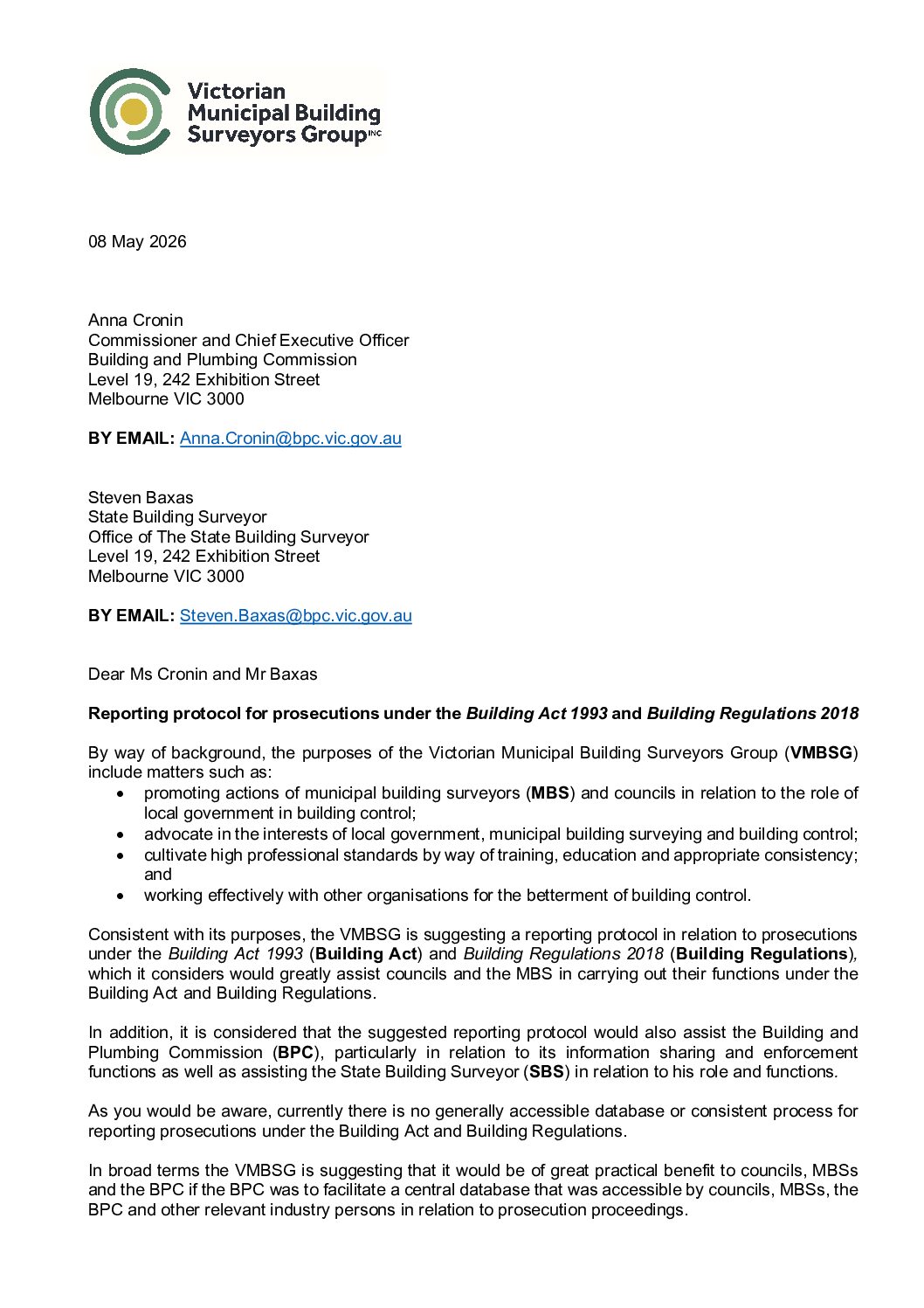 20260508 Letter to BPC_SBS Reporting protocol for prosecutions under the Building Act 1993 and Building Regulations 2018